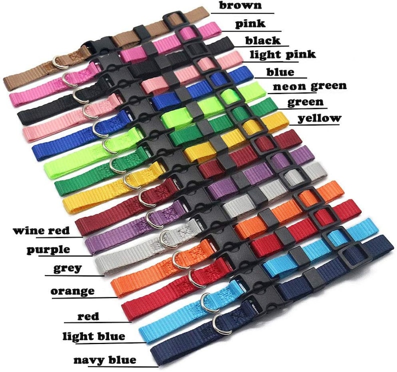 May include: Assortment of 16 colourful adjustable dog collars with black plastic buckles. Colours include brown, pink, black, light pink, blue, neon green, green, yellow, wine red, purple, grey, orange, red, light blue, and navy blue.