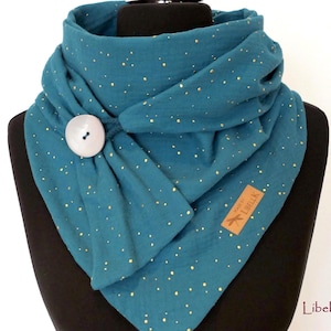 Musselin Dreieckstuch Petrol goldene Punkte Knopfschal Halstuch Damen