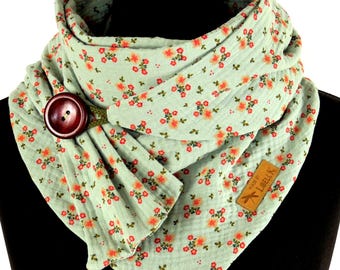 Wrap Scarf Triangular Scarf Muslin Mint Green Floral with Button Scarf Ladies