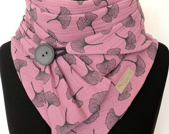 Muslin scarf gingko leaves mauve with button, wrap scarf triangular scarf ladies gift