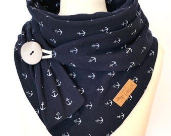 Muslin scarf, dark blue, anchor design, wrap scarf, triangle scarf with button, women's neckerchief