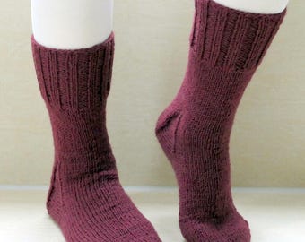 knitted socks size 38/39 burgundy plain hand-knitted stockings wool