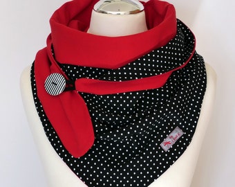 Wickelschal Tuch mit Knopf weiße Punkte schwarz roter Jersey DreiecksTuch Geschenk Damen