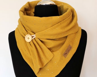 Muslin triangular scarf, mustard yellow with gold polka dots, buttoned scarf, neckerchief, women's