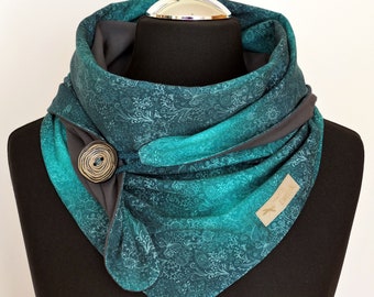 Wrap scarf, shawl, petrol grey with button, jersey triangle scarf, gift for women