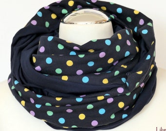 Loop Scarf Tube Scarf Colorful Dots Ladies Cotton Jersey Dark Blue