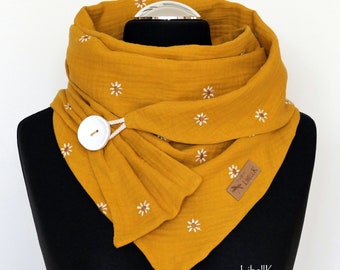 Scarf Muslin Wrap Scarf Daisy Mustard Yellow with Button Neckerchief Triangular Scarf Ladies