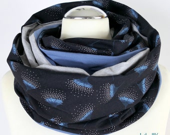 Loop Scarf Flowers Dark Blue Light Grey Smoke Blue Reversible Loop Ladies