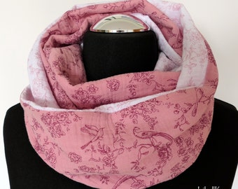 Muslin Loop Pink White Romantic Floral Birds Tube Scarf Cloth