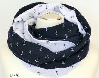 Muslin Loop Anchor Maritime Dark Blue White Tube Scarf Cloth