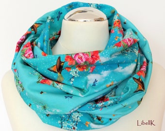 Colorful loop scarf turquoise made of jersey, flowers, dragonflies, birds, reversible