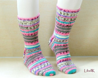 Knitted socks, size 38/39, pink, grey, pastel shades, hand-knitted socks, wool