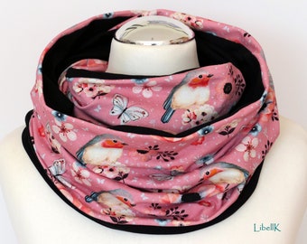 Loop scarf, robin, pink black flowers