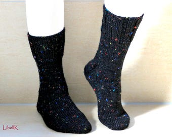 Knitted socks, size 38/39, black, multicolored melange, hand-knitted wool socks
