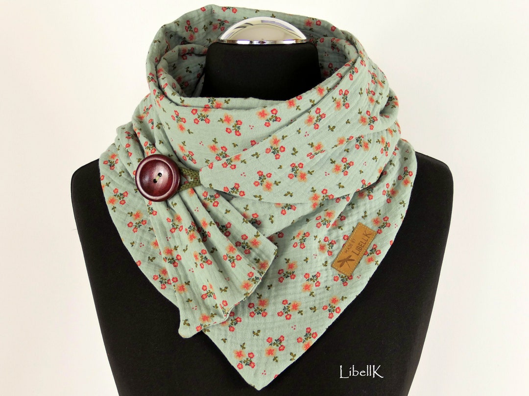 Wrap Scarf Triangle Scarf Muslin Mint Green Flowered With Button Neckscarf Ladies Etsy UK