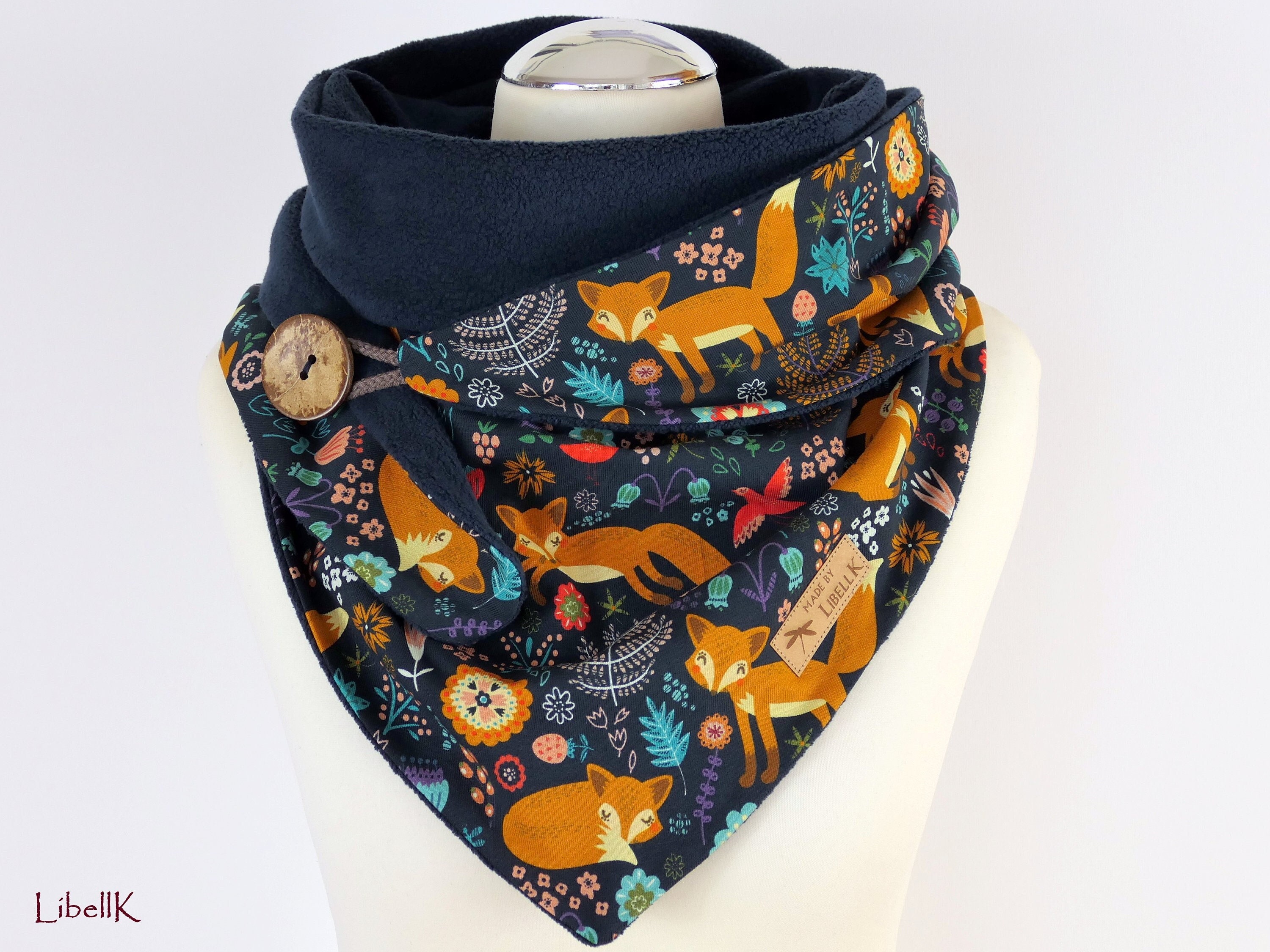 Wrap Scarf Foxes Made of Fleece and Jersey With Button Dark Blue