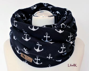 Loop scarf, dark blue knit fabric with white anchors, warm jacquard, gift