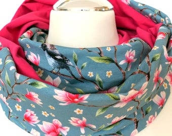 Jersey Loop Scarf, Magnolia Branches, Birds, Tube Scarf, Reversible