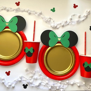 Minnie Mouse Christmas Party Tableware: Red Plates, Cups, Straws
