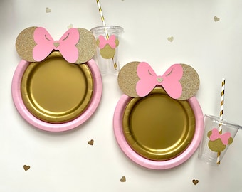 Minnie Mouse Birthday plates pink bow and gold glitter ears, Birthday Table Set, plates cups straws, Party decor, baby shower