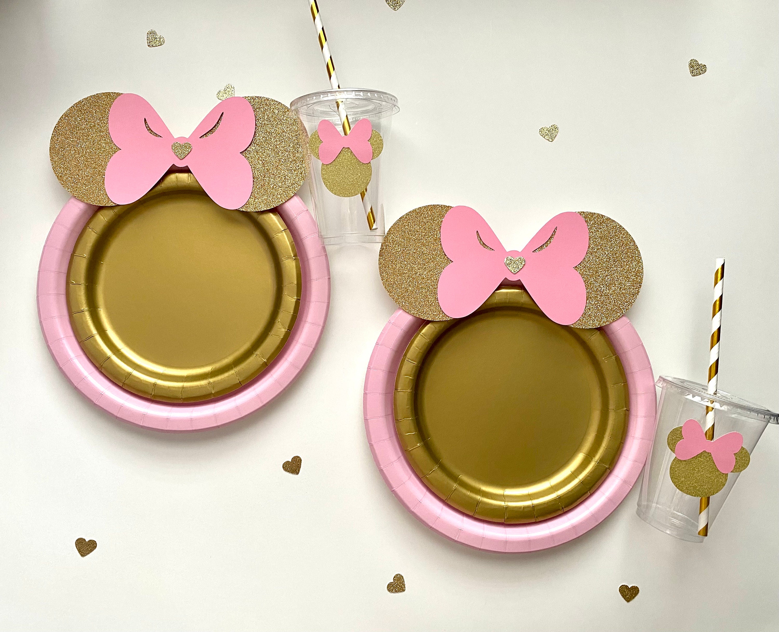 Minnie Mouse Birthday Plates Pink Bow and Gold Glitter Ears