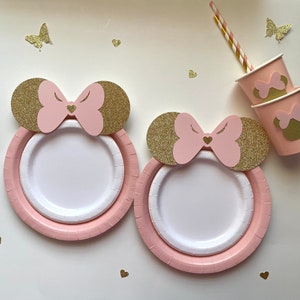 Minnie Mouse Party, Pink Pastel, Gold Ears, Birthday Table Set, Plates cups, Party Birthday Decor, Minnie Baby Shower
