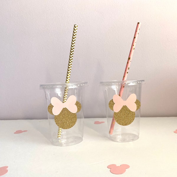Minnie Mouse plastic cups 10 oz with lid and straw, pink and gold glitter, Birthday party Table Cups