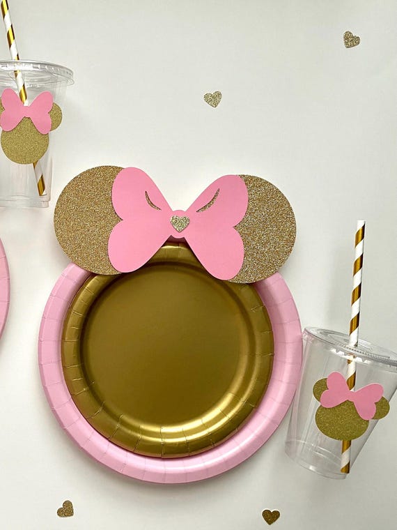 Minnie Mouse Birthday Party Set: Pink Bow and Gold Glitter - Plates, Cups, Straws