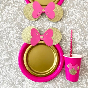Minnie Mouse birthday Table set fuchsia and gold gliiterer ears, plates, cups, straws, Birthday party decor, Minnie baby shower hot pink
