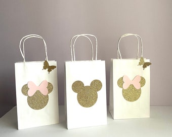 Minnie and Mikey Mouse favor bags, gold glitter and pink, birthday party favors, goodies, treat bags, gift bags, party decor, butterflies