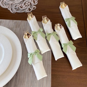 Gold Plastic Cutlery Set with White Napkin, Green Sage Ribbon Bow – Elegant Party Utensils