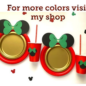 Christmas Minnie Mikey birthday table green bow black ears for birthday party decoration Xmas holiday kids table first Christmas birthday handmade plates cups straws tableware Minnie mouse