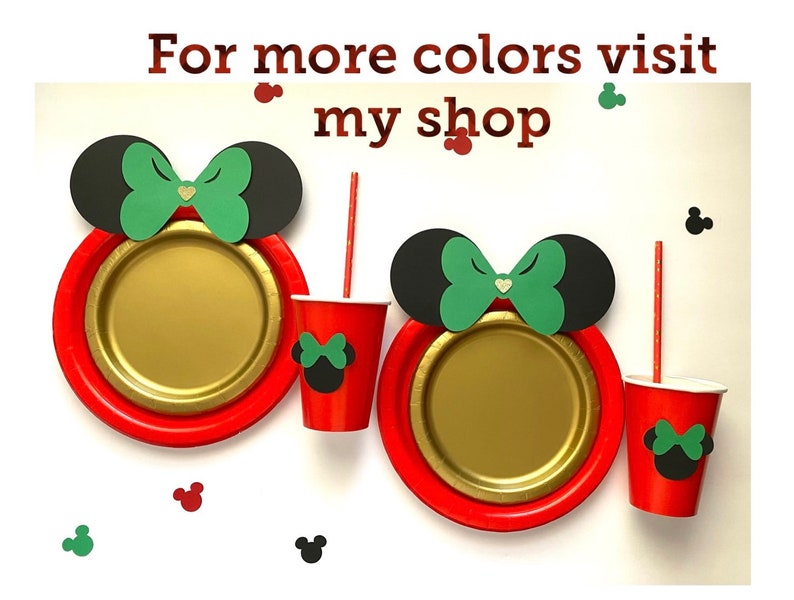 Christmas Minnie Mikey birthday table green bow black ears for birthday party decoration Xmas holiday kids table first Christmas birthday handmade plates cups straws tableware Minnie mouse