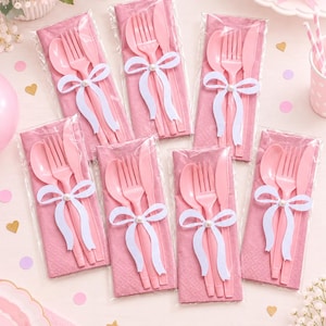 Utensils Set With Bow, Party Table, Wrapped Plastic Flatware, Coquette Party.