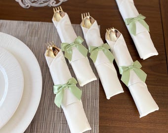 Gold Plastic Cutlery Set with White Napkin, Green Sage Ribbon Bow – Elegant Party Utensils