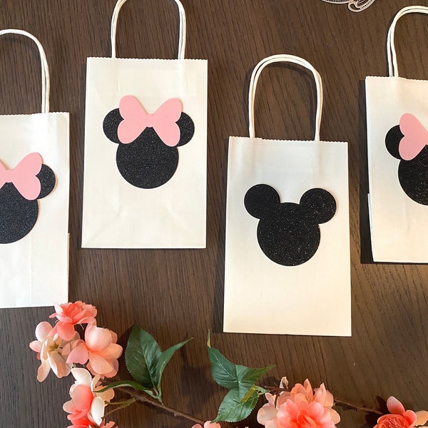 Minnie and Mickey Goodie bags, favor bags, party treat bags, Pink bow and Black glitter ears, gift bags, Minnie Mikey birthday party decor