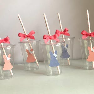 Bunny Party Cups with Bow: Kids Birthday, 10 oz, Lid & Straw