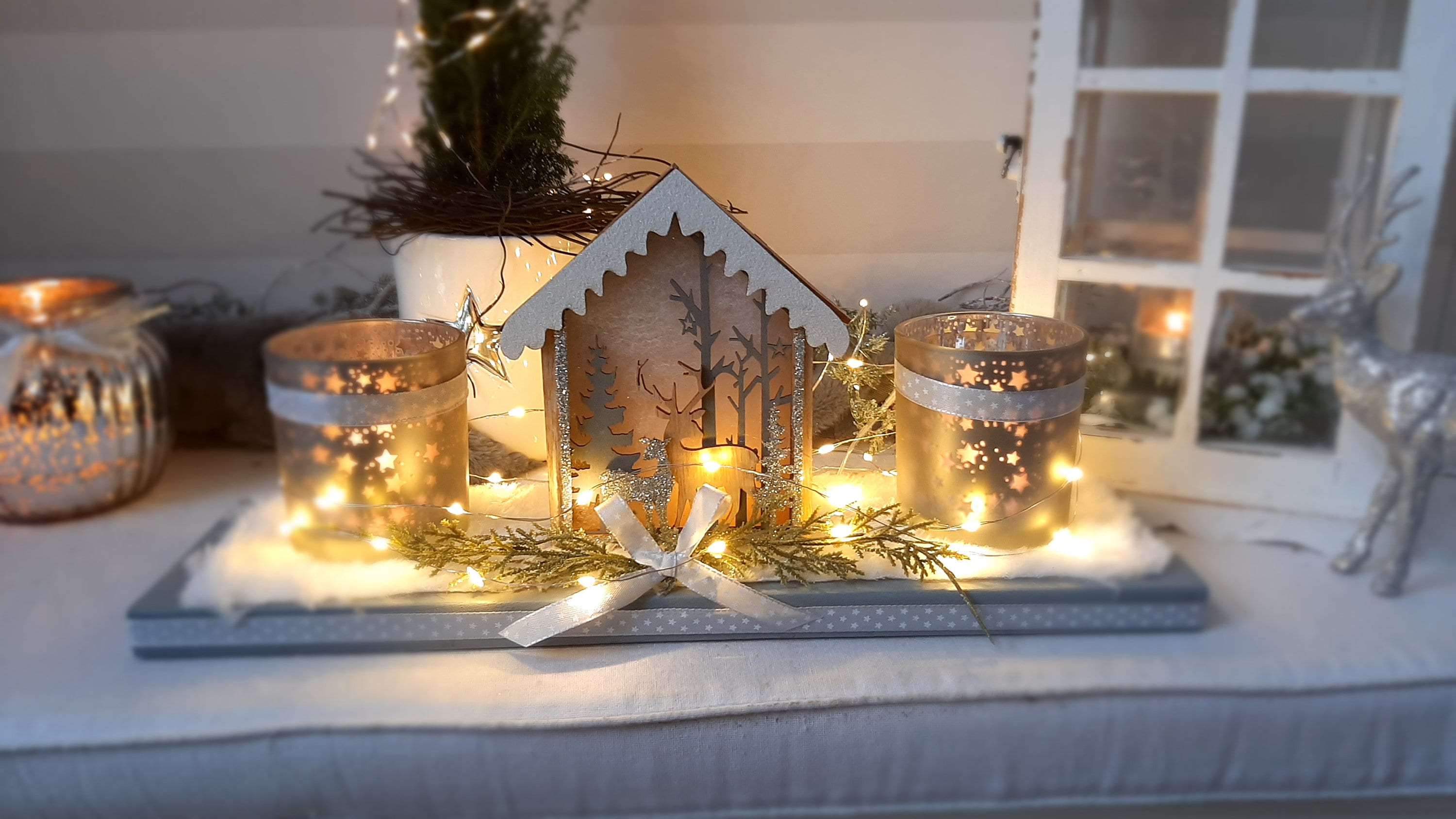 Mit TIMER LED Landhaus Winterdeko mit Windlicht, Weihnachten, Tischschmuck,  Innen und Außendeko, Geschenkidee