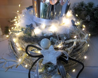 Reusable LED Advent wreath with TIMER, table wreath with lantern, shabby, gift idea, Christmas wreath, table decoration