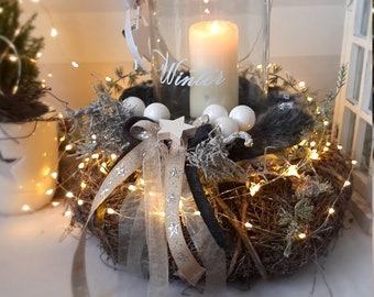 Durable winter wreath with timer, LED table wreath with lantern, Christmas wreath, table decoration