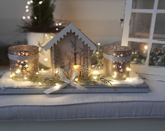 Mit TIMER LED Landhaus Winterdeko mit Windlicht, Weihnachten, Tischschmuck, Innen- und Außendeko, Geschenkidee