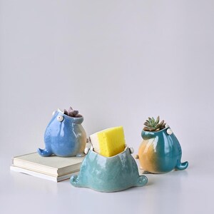 May include: Three ceramic whale-shaped planters in shades of blue, teal, and yellow. One planter holds a yellow sponge, while the others contain small succulents. The planters are on a white surface.
