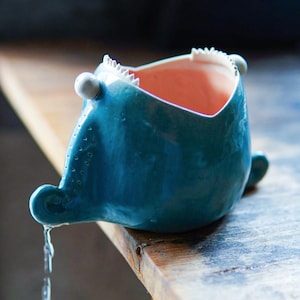 Peut inclure: Un pot de fleurs en céramique turquoise au design unique. Il présente une large ouverture avec un bord dentelé et de petites protubérances rondes. L'intérieur est de couleur pêche. De l'eau coule d'un bec, suggérant un arrosoir ou un objet décoratif.