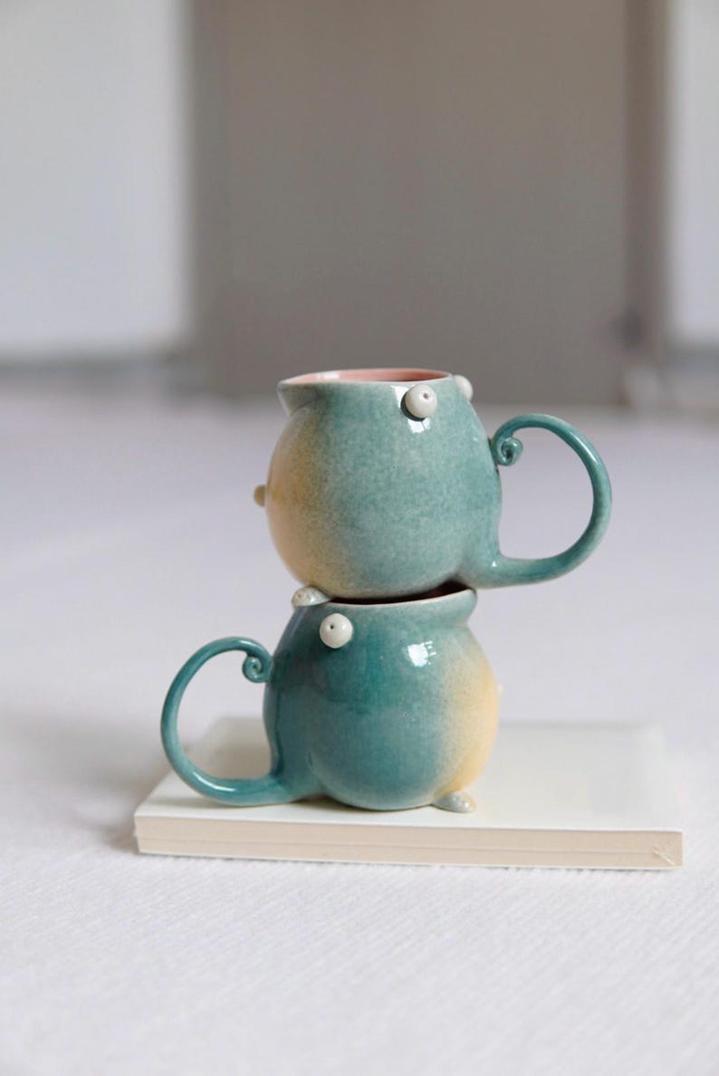 Handmade Ceramic Coffee Mug: Large Porcelain Espresso Cup #02  Milo x2 (Green)