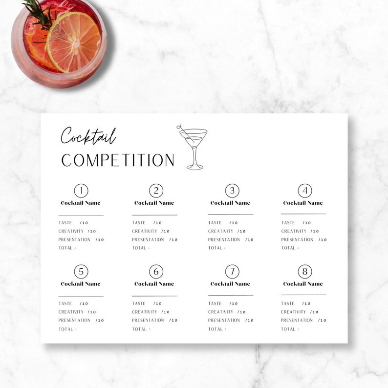 Printable Cocktail Competition Scorecard 画像 1