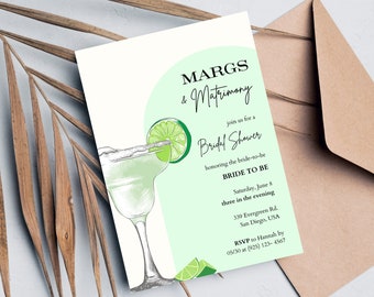 Könnte beinhalten: Eine grüne und weiße Einladung zu einer Bridal Shower mit einer Margarita-Illustration. Der Text lautet "MARGS & Matrimony" und "schließen Sie sich uns zu einer Bridal Shower zu Ehren der zukünftigen Braut BRIDE TO BE Samstag, 8. Juni drei am Abend 339 Evergreen Rd. San Diego, USA RSVP an Hannah bis 05/30 unter (925) 123-4567".