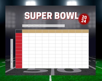 Football Squares Game, PRINTABLE, Super Bowl 2024 Football 100 Squares, San Francisco vs Kansas City, Game Day