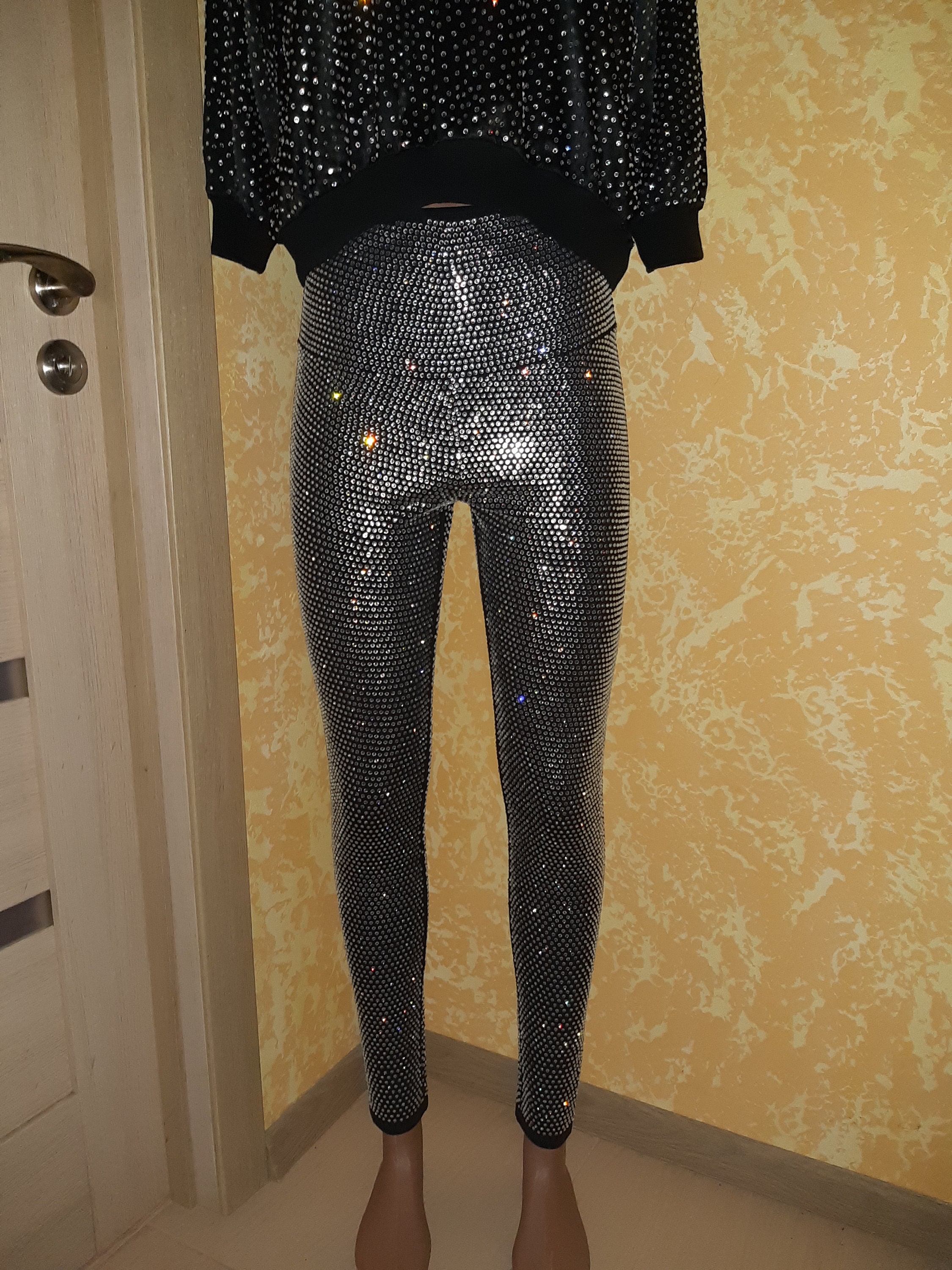 Leggings Women Black Rhinestone leggings Crystals front and Etsy