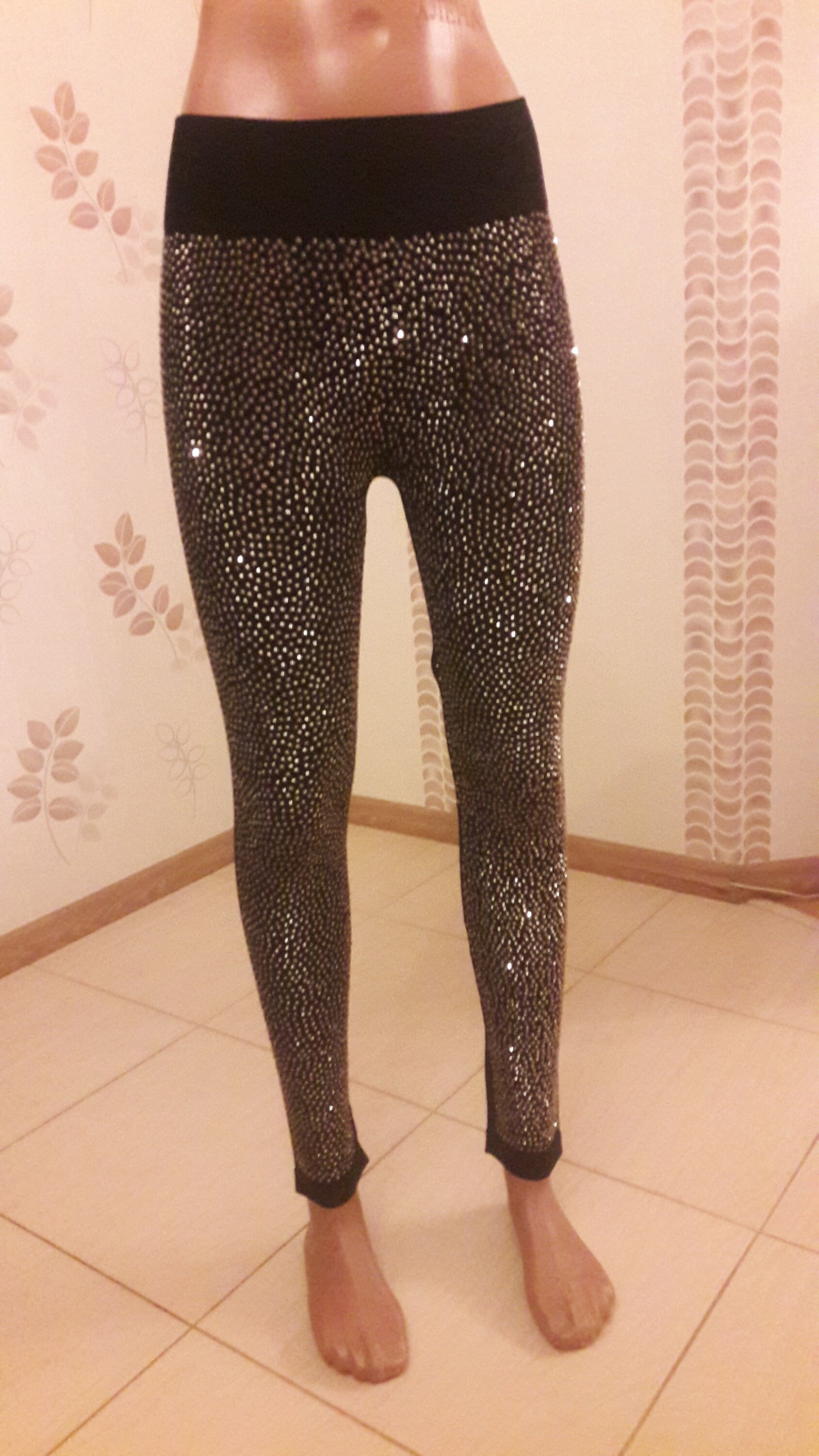 Crystal Leggings Women Black Rhinestone 
