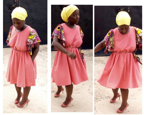 Free size Smock Dress With Ruffled African Print Sleeves And Belt One Size fits all handmade dress Valentines gift Ankara party dress